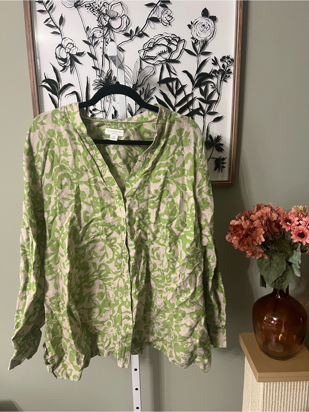 Charter Club Green Floral Print Button Down Lightweight 100% Linen Size 20W